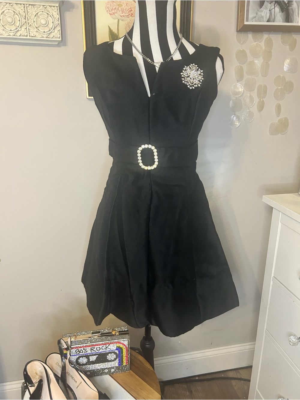 Vintage Classic Black Sleeveless Cocktail Dress with heels & brooch bundle